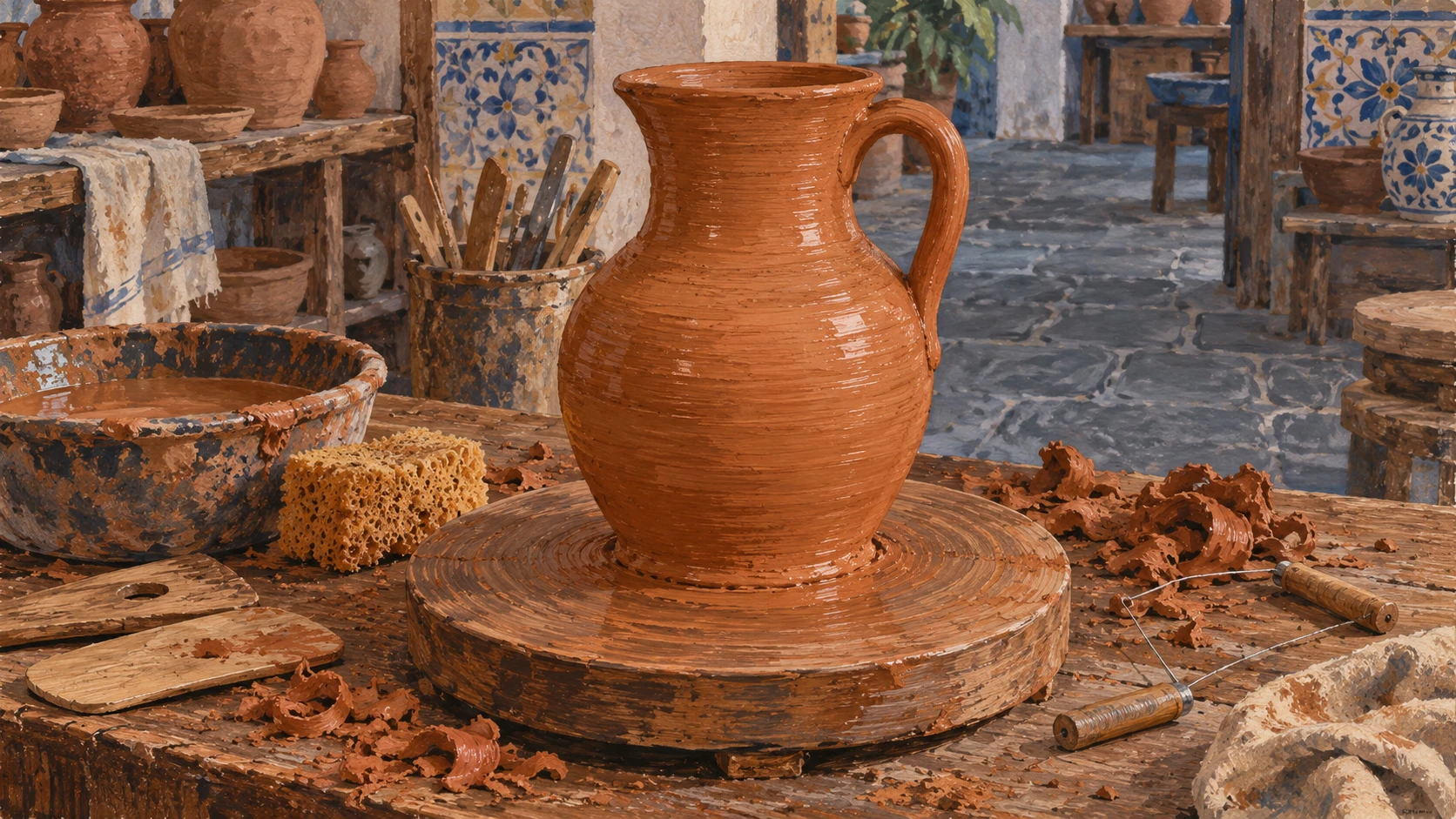 An unfired raw clay jug on a potter wheel surrounded by wooden rib tools, cutting wire, and clay shavings.