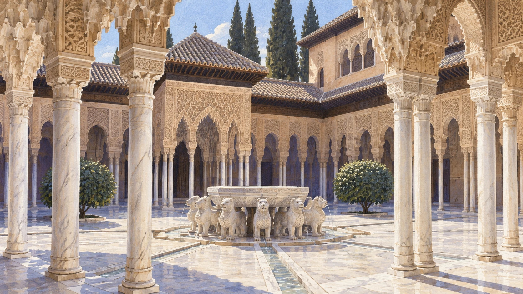 Marble arcade and central stone fountain supported by twelve sculpted lions in the Court of the Lions.