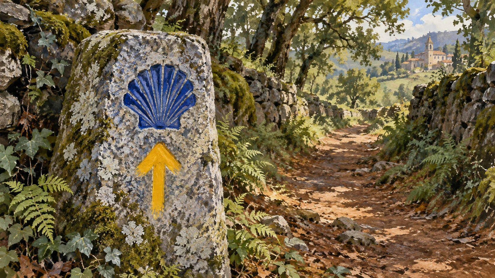 Weathered granite stone waymarker carved with a yellow scallop shell icon and painted directional arrow.