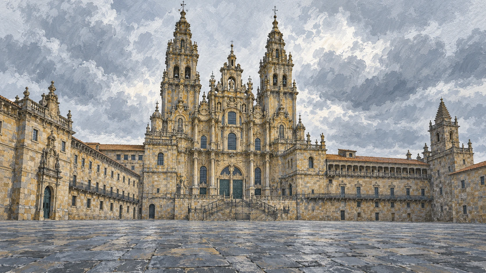 Monumental baroque granite facade of the Cathedral of Santiago soaring above the stone-paved Praza do Obradoiro.