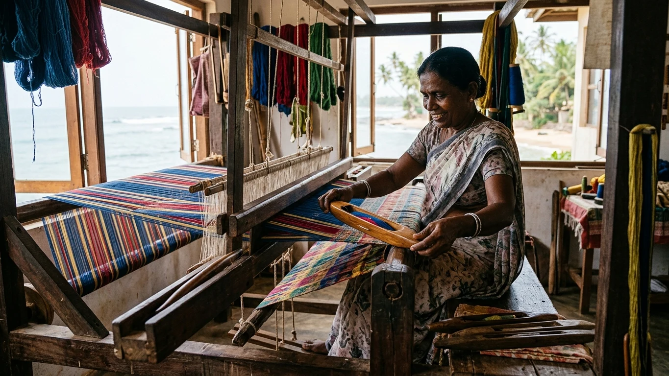 An artisan weaver operating a traditional wooden frame handloom in a coastal workshop near Galle.