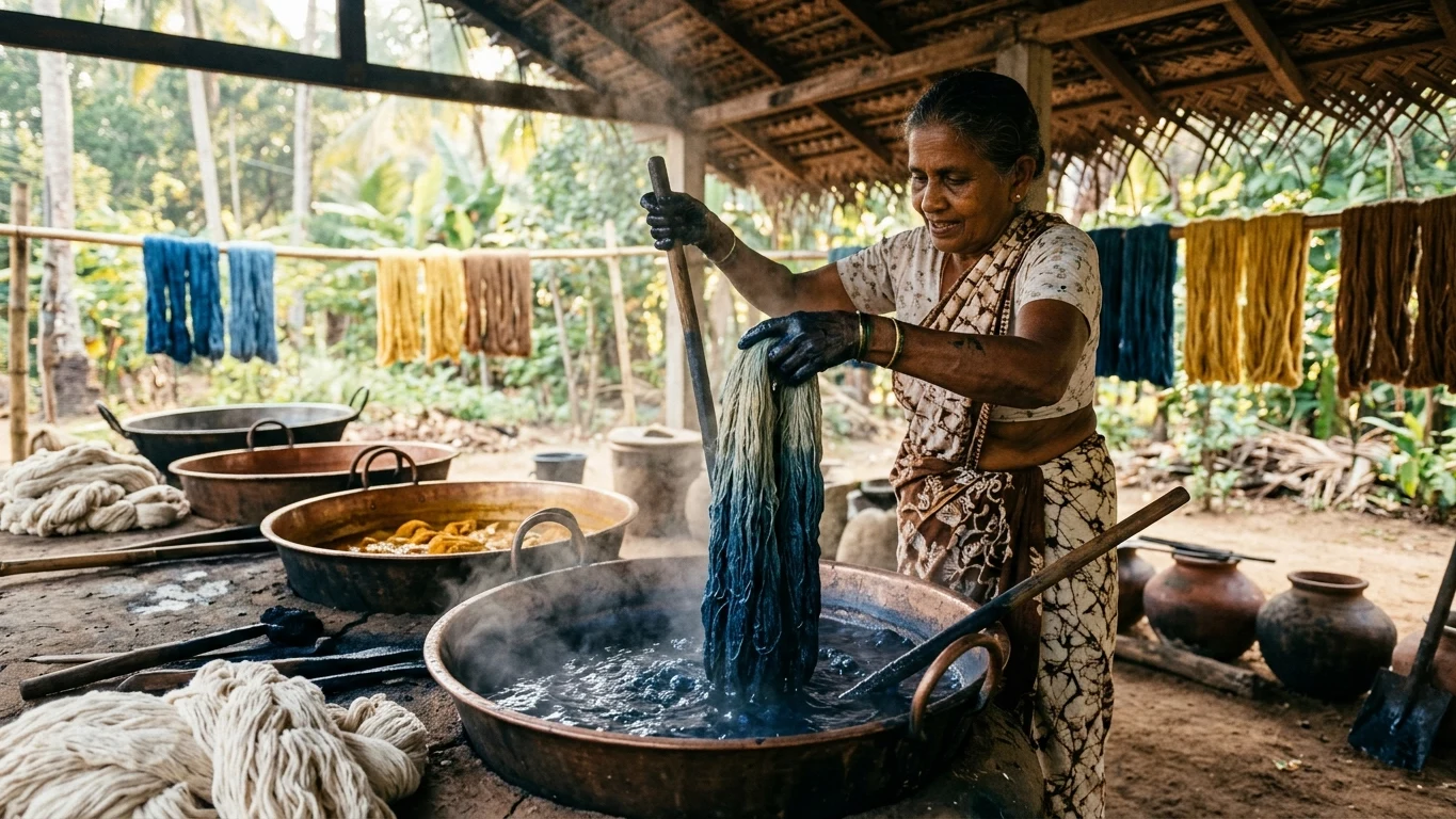Artisan dyer lifting saturated hanks of cotton yarn from a steaming copper dye vat.