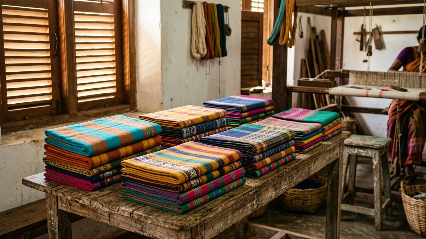 Piles of vibrant handwoven cotton fabrics, sarongs, and table runners on a rustic timber table in Galle.