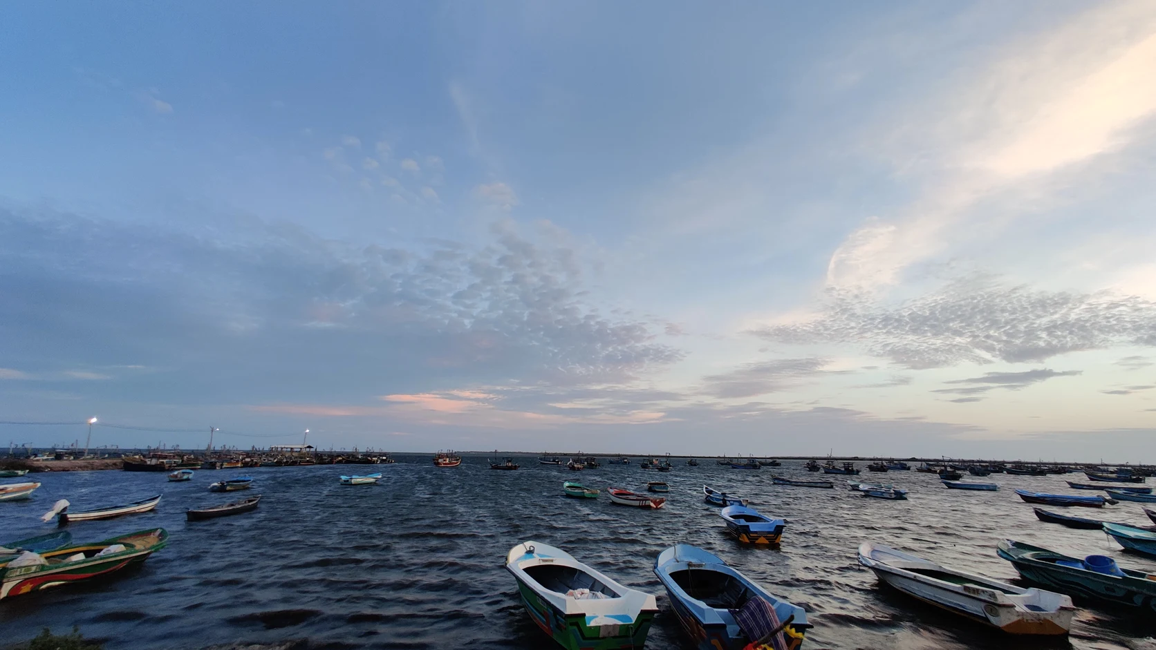 Small artisanal fishing canoes moored along the Jaffna shore.