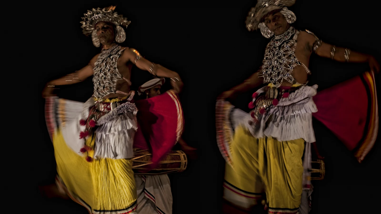Master Kandyan percussionist playing the double-headed Geta Beraya barrel drum.