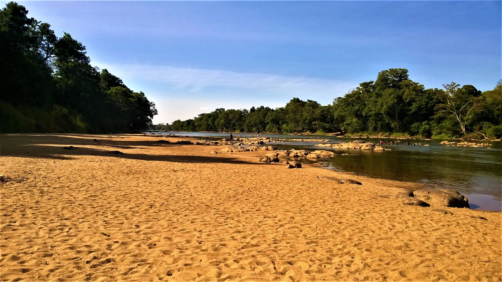 The Mahaweli River flowing quietly past riverine forests and sandbanks in Wasgamuwa National Park.