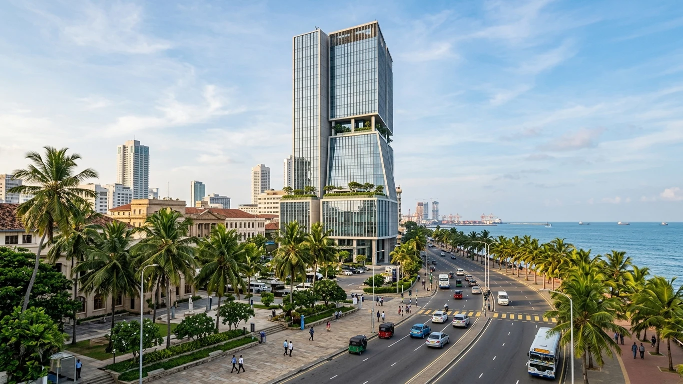 The Central Bank of Sri Lanka headquarters tower rising above Colombo's commercial coastline.
