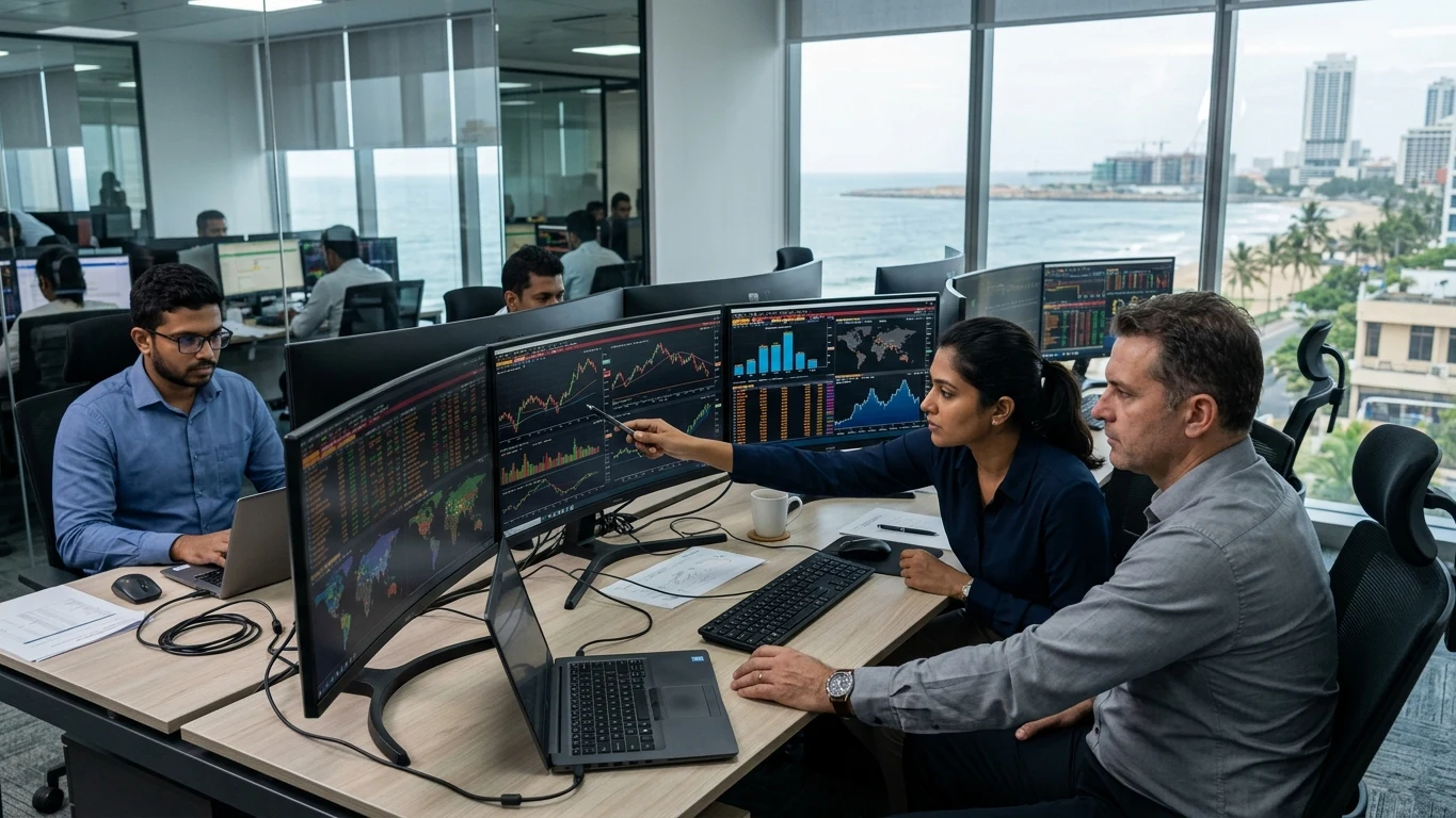 Financial analysts monitoring economic indicator charts on digital screens overlooking the Colombo coast.