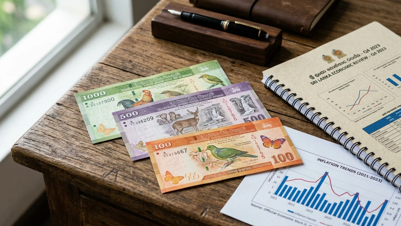 Sri Lankan Rupee banknotes fanned across official macroeconomic review documents on a timber desk.