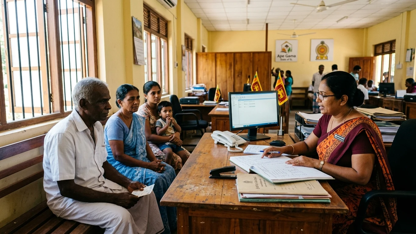 An administrative officer assisting a rural family at a divisional secretariat welfare counter in Sri Lanka.