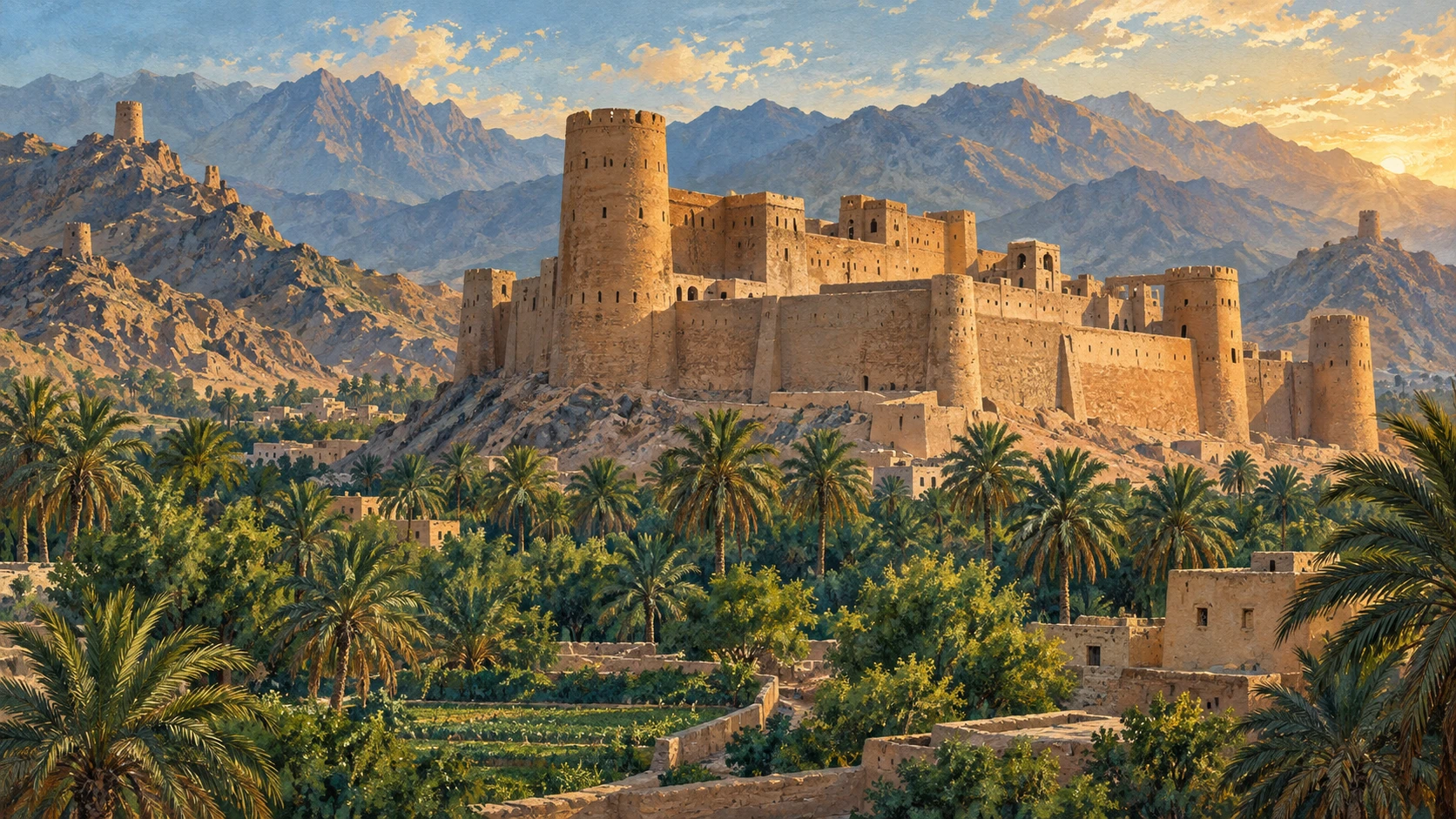 A wide view of Bahla Fort and its surrounding date palm oasis in Oman.