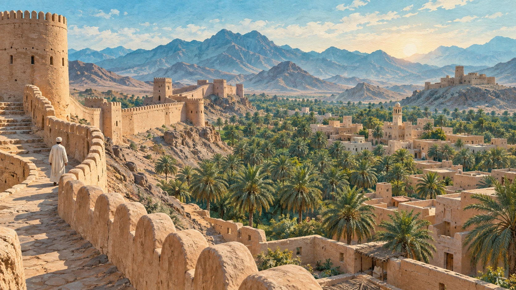 A wide scenic view along the ancient mudbrick oasis wall (sur) encircling the Bahla settlement and palm groves.