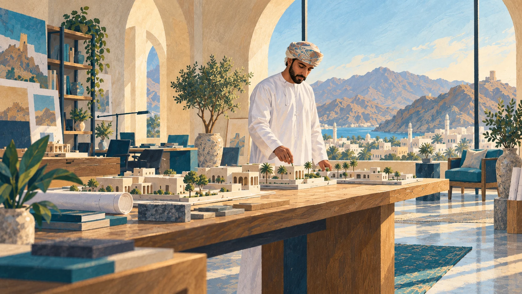 A sunlit modern design and engineering studio in Muscat with an Omani entrepreneur reviewing physical scale models beside natural limestone arches.