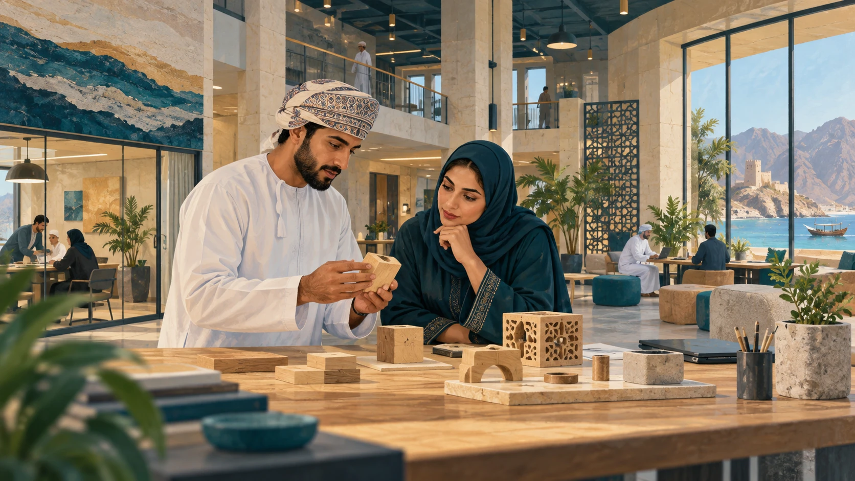 A collaborative business incubator workspace in Oman with two project partners conferring over geometric wooden mockups beneath high ceilings and limestone textures.