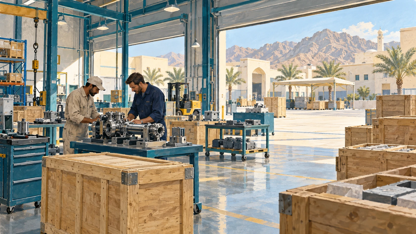 An enterprise logistics and technical staging facility in an Omani industrial estate with technicians inspecting equipment near open bay doors.