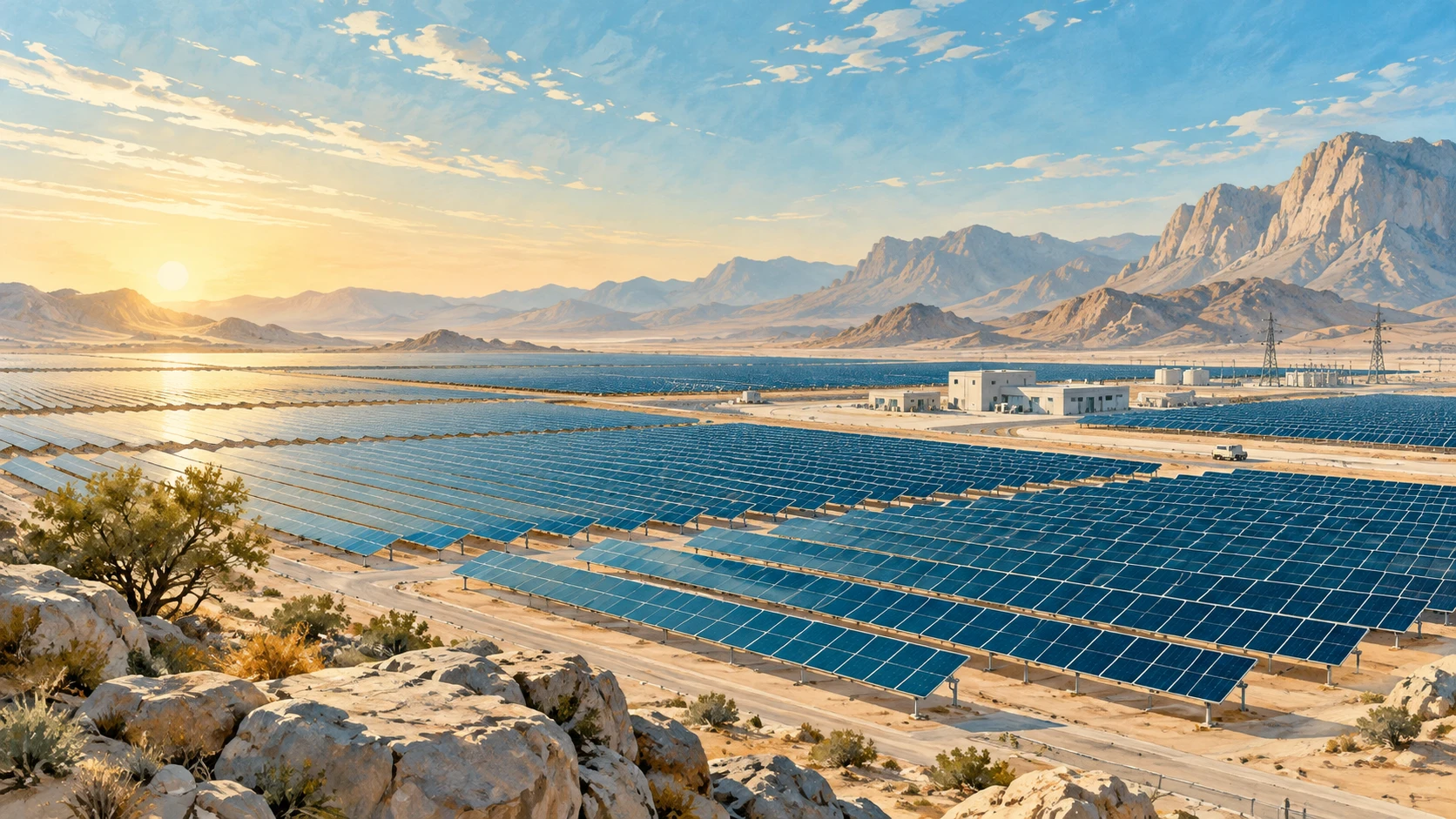 An expansive clean energy solar installation across desert plains in Oman with ordered rows of photovoltaic arrays reflecting morning sunlight.