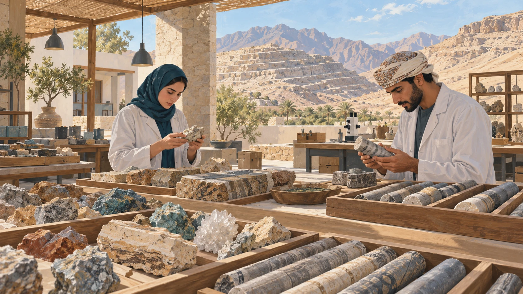 An orderly mineral processing and geology research pavilion in interior Oman with specialists reviewing limestone and mineral rock cores on sorting benches.
