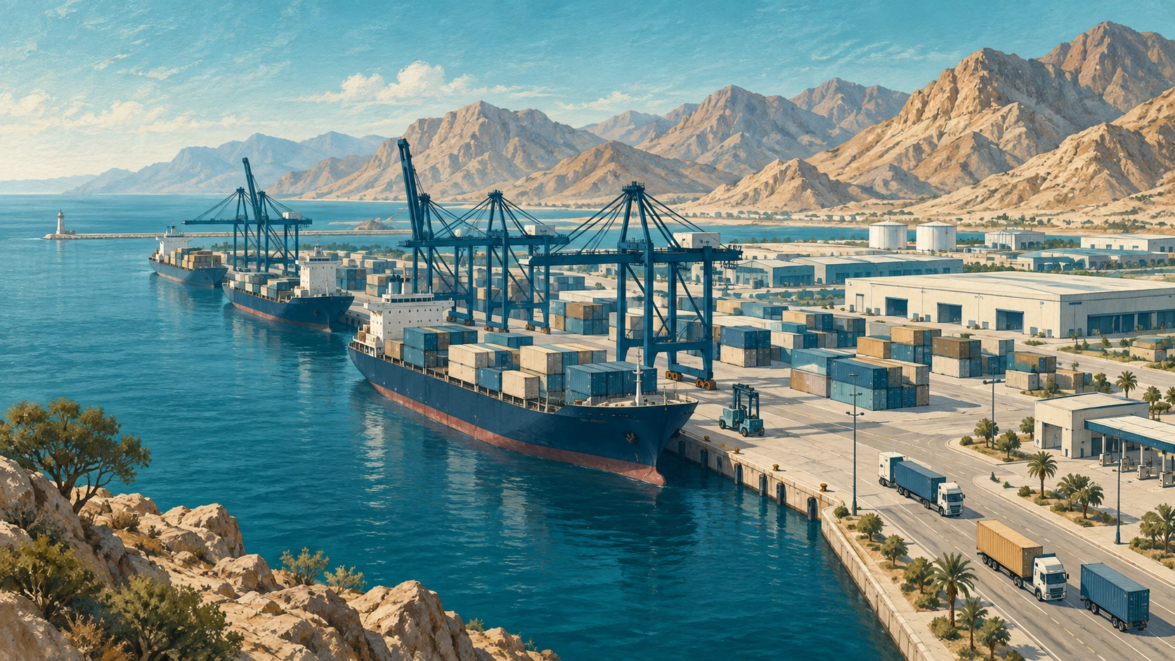 An expansive coastal industrial port and free zone logistics terminal in Oman with container cranes against rugged desert mountains and deepwater shipping berths.