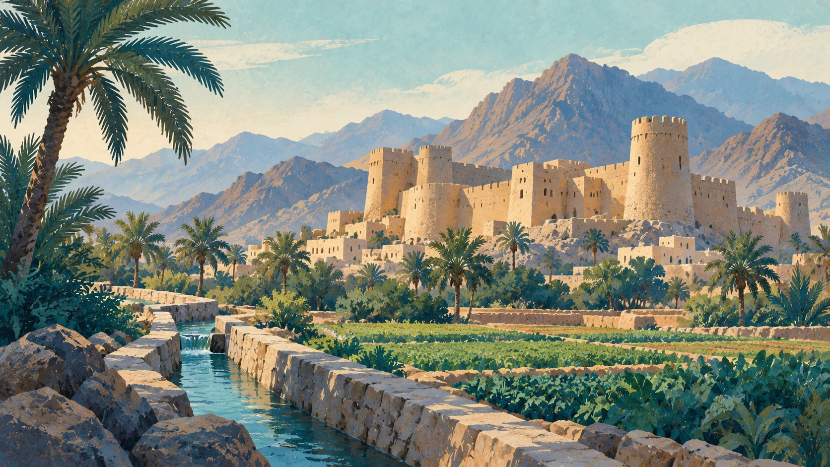 An earth-colored fort beside a palm oasis and a stone water channel