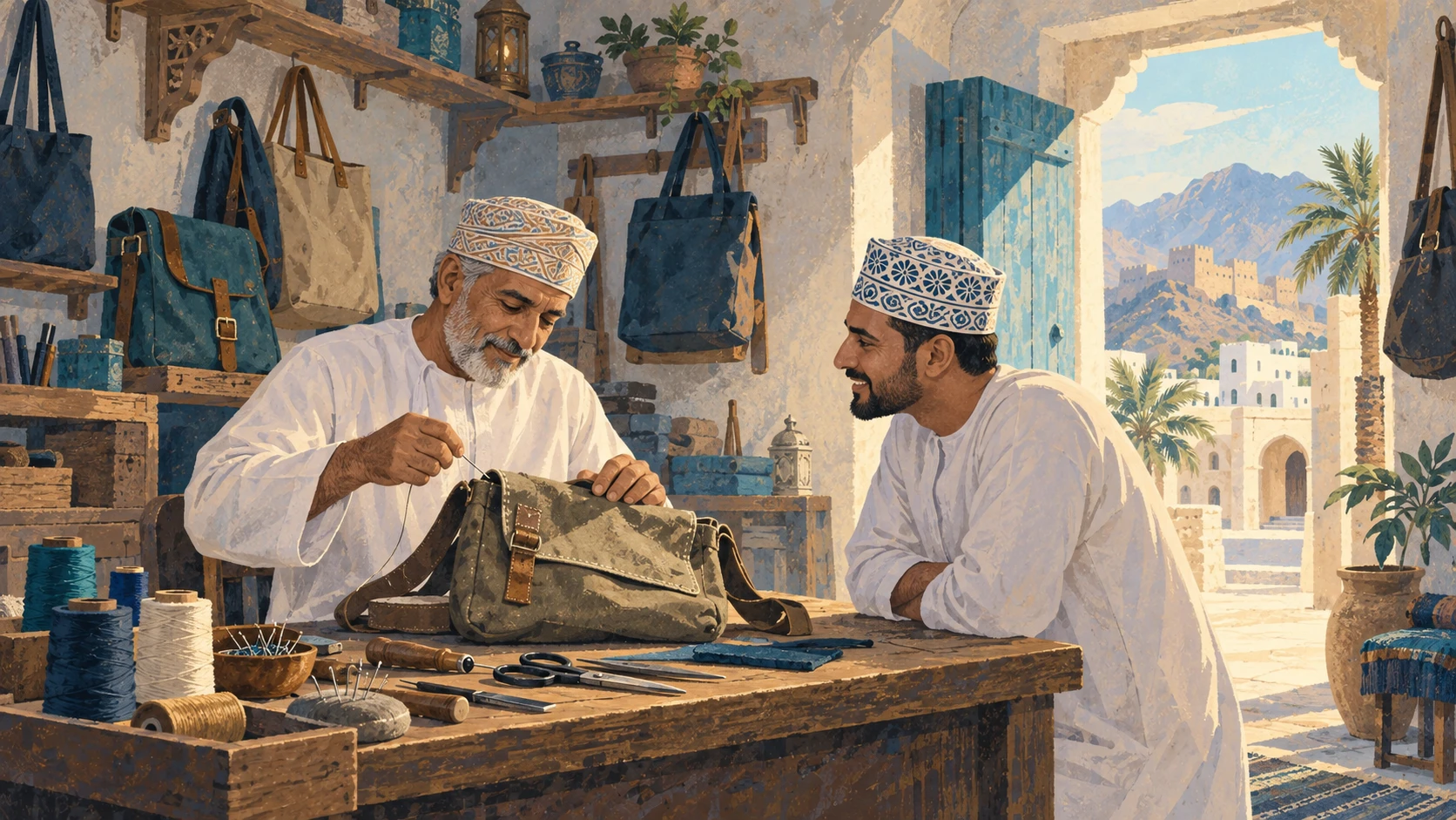 A bag repair shop owner using tools beside a customer in the workshop