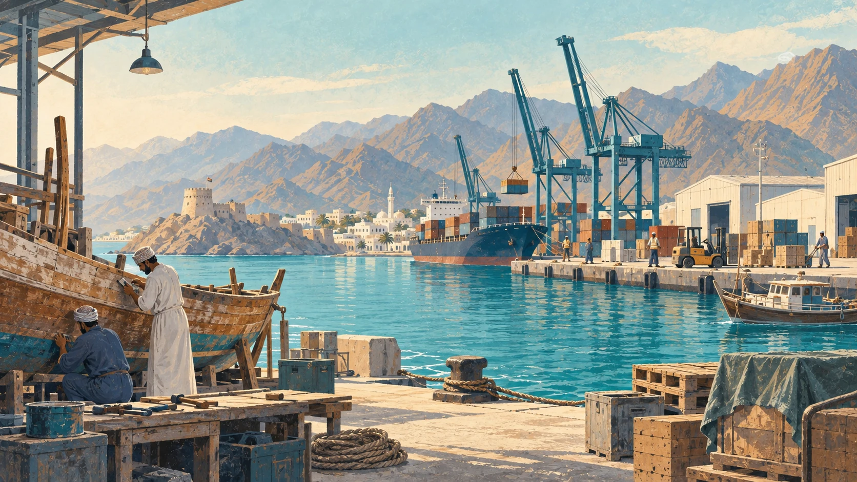 Cranes, warehouses and a workshop beside an Omani harbor