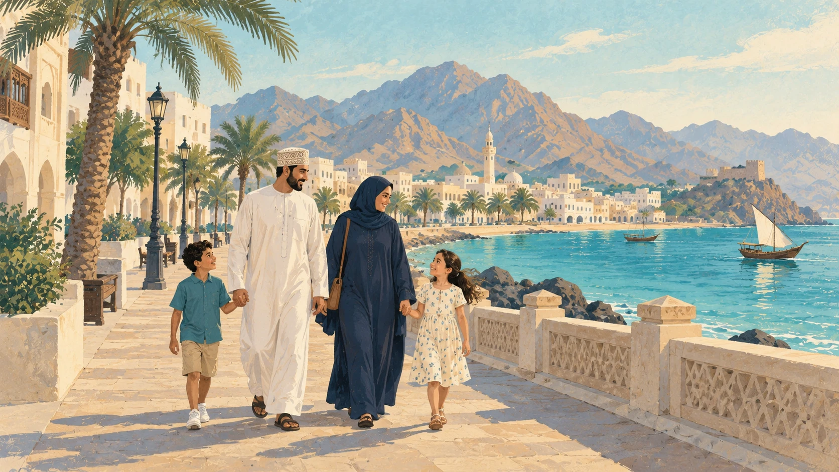 An Omani family strolling along the seafront on a quiet holiday