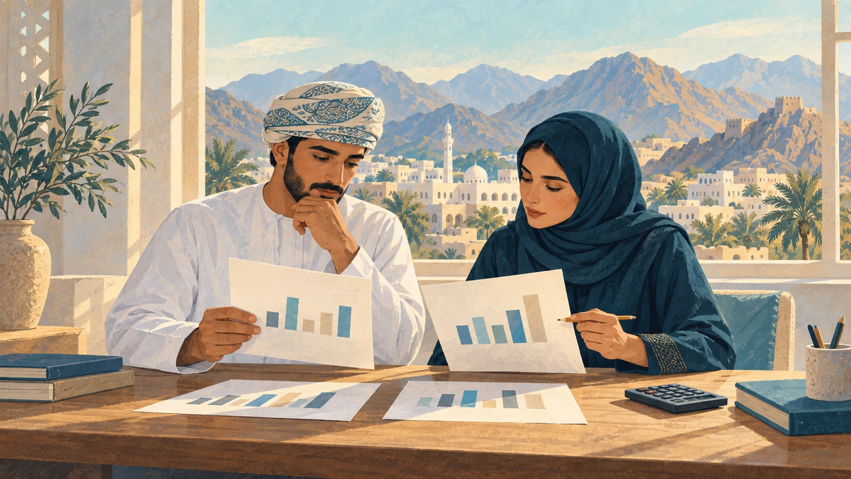 Adults comparing simple unlabeled charts at a desk, with an Omani town behind them