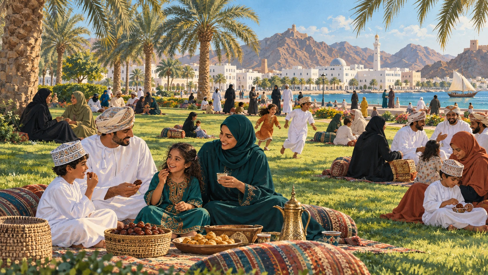 A wide family and civic community gathering in a public garden park in Muscat during the National Day holiday afternoon.
