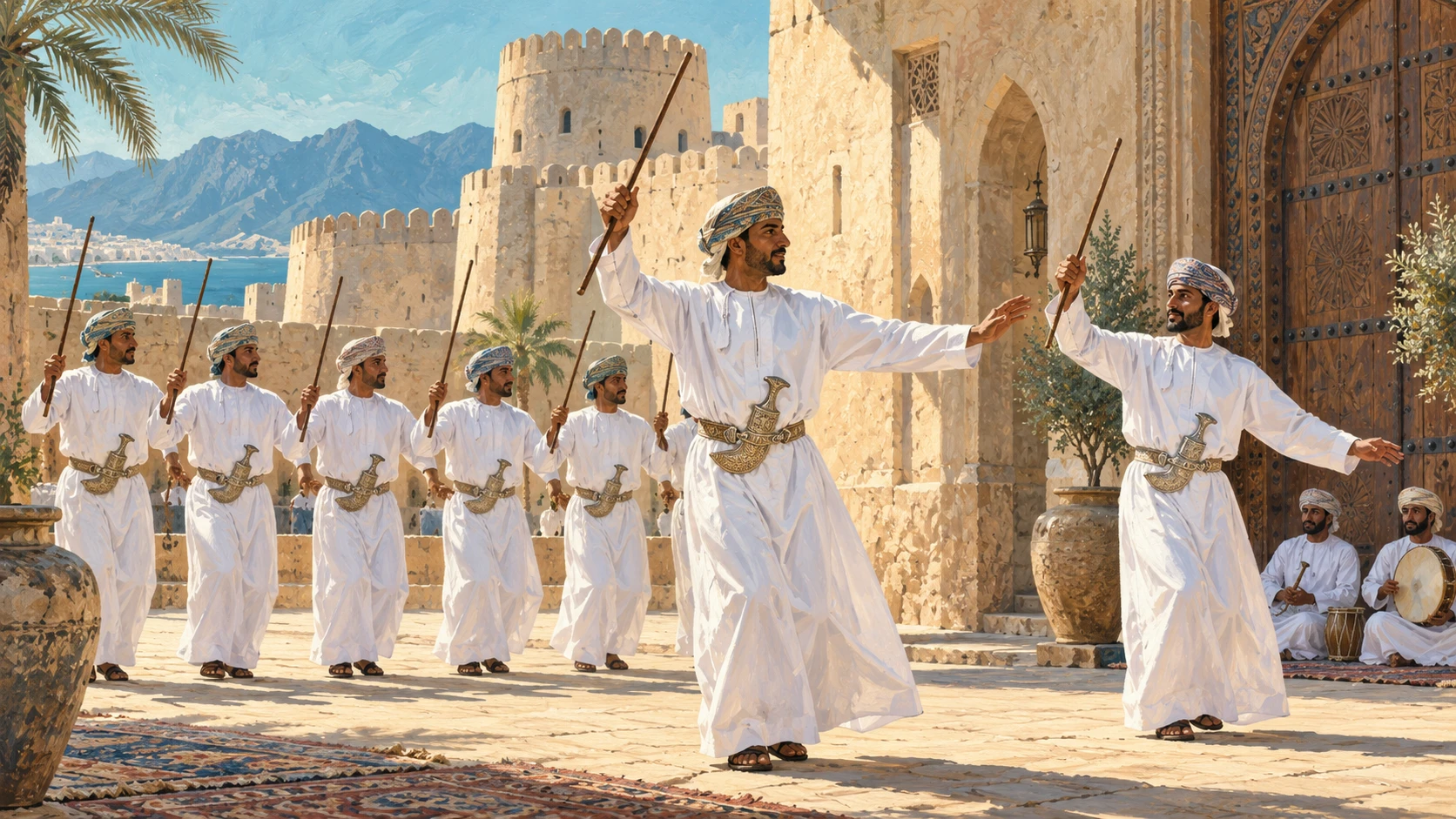 A wide dignified scene of traditional Omani cultural performers during National Day festivities in a sunlit historic fort courtyard.