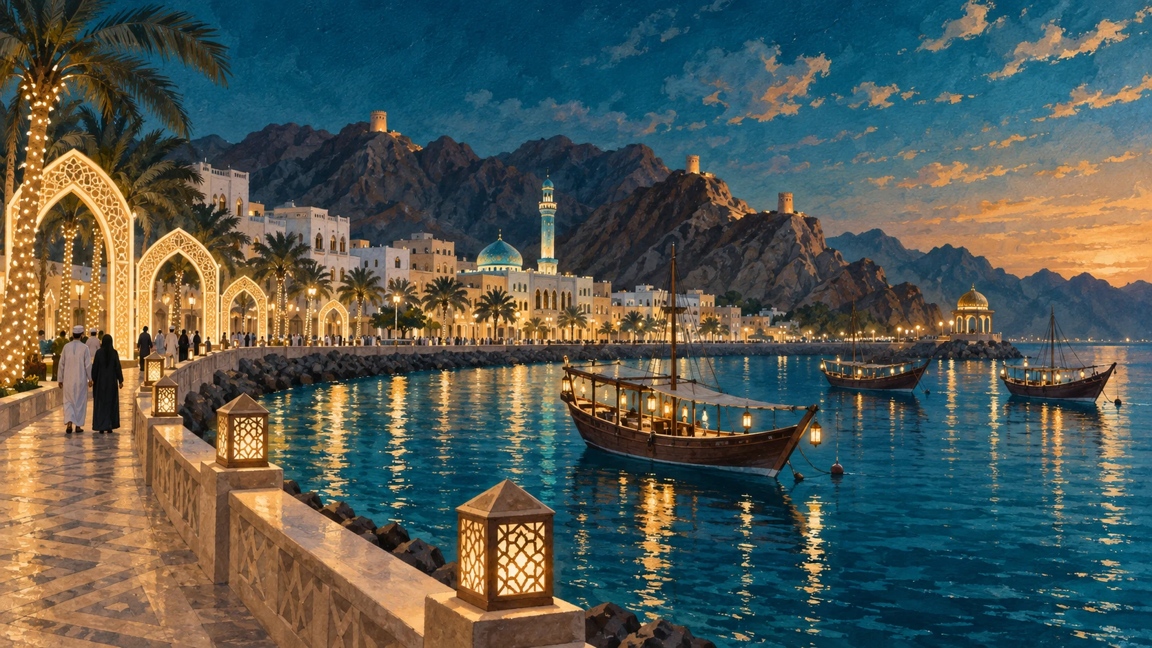 A wide scenic view of the Matrah waterfront promenade and Corniche illuminated for Oman National Day at twilight with light arches.