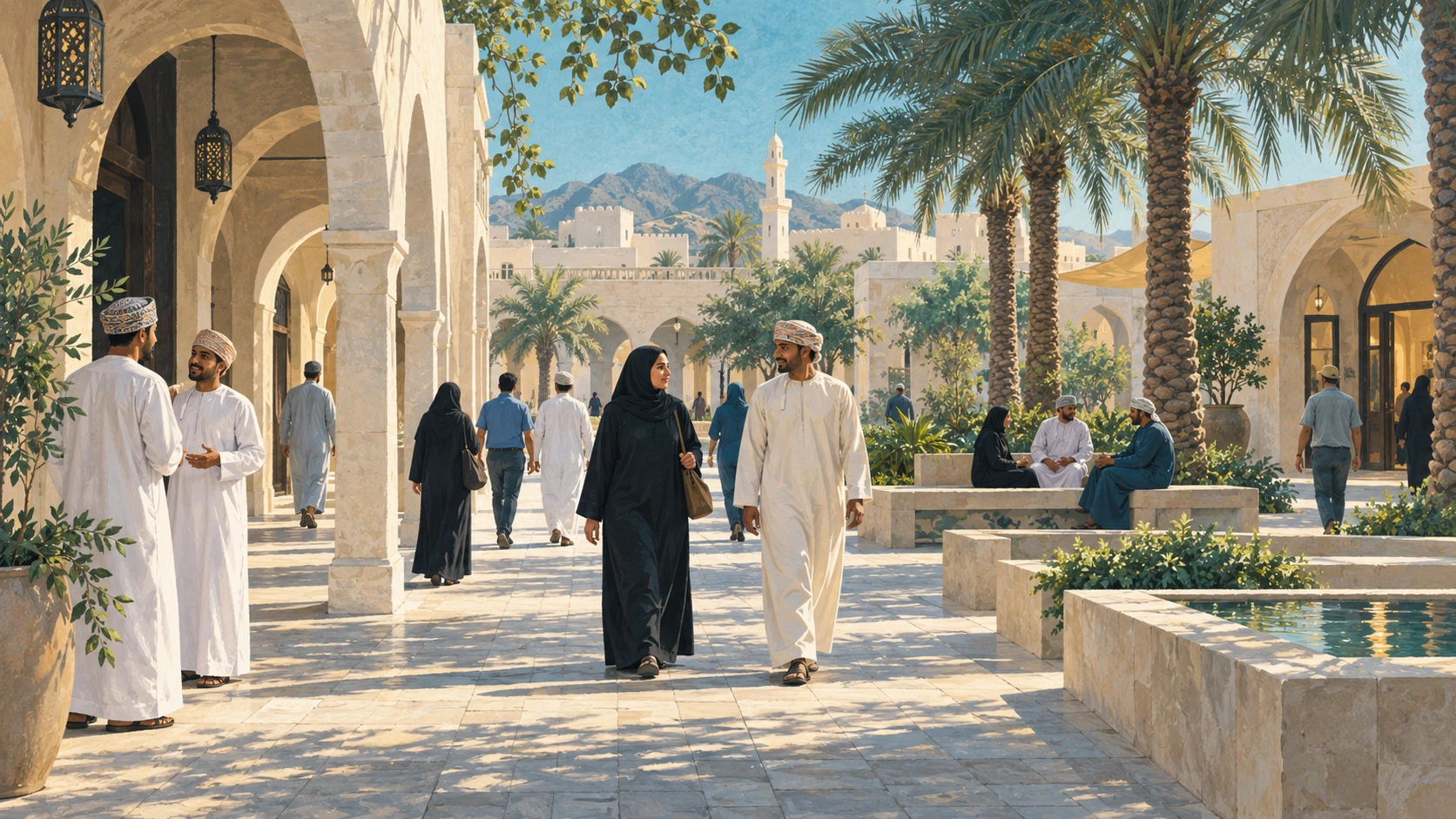 Adults and families walking through a sunlit civic courtyard and arched walkways in an Omani town.