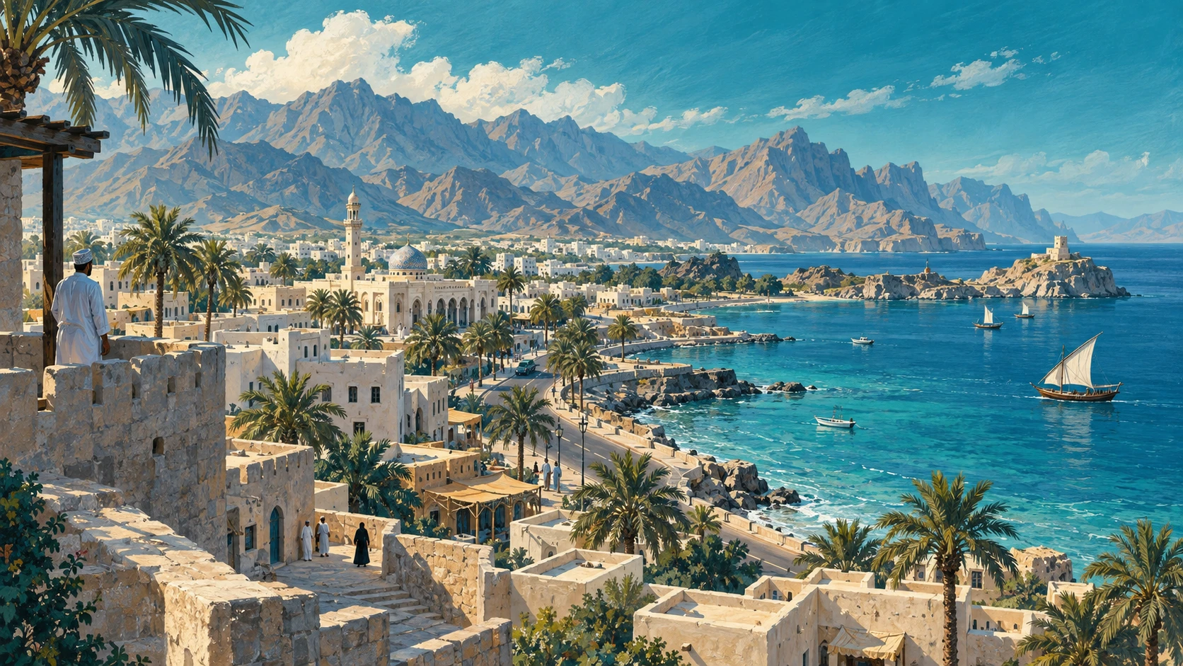 Elevated panoramic morning view of an Omani coastal town with low-rise limestone buildings, roads, palm trees, and rugged mountains beside the sea.