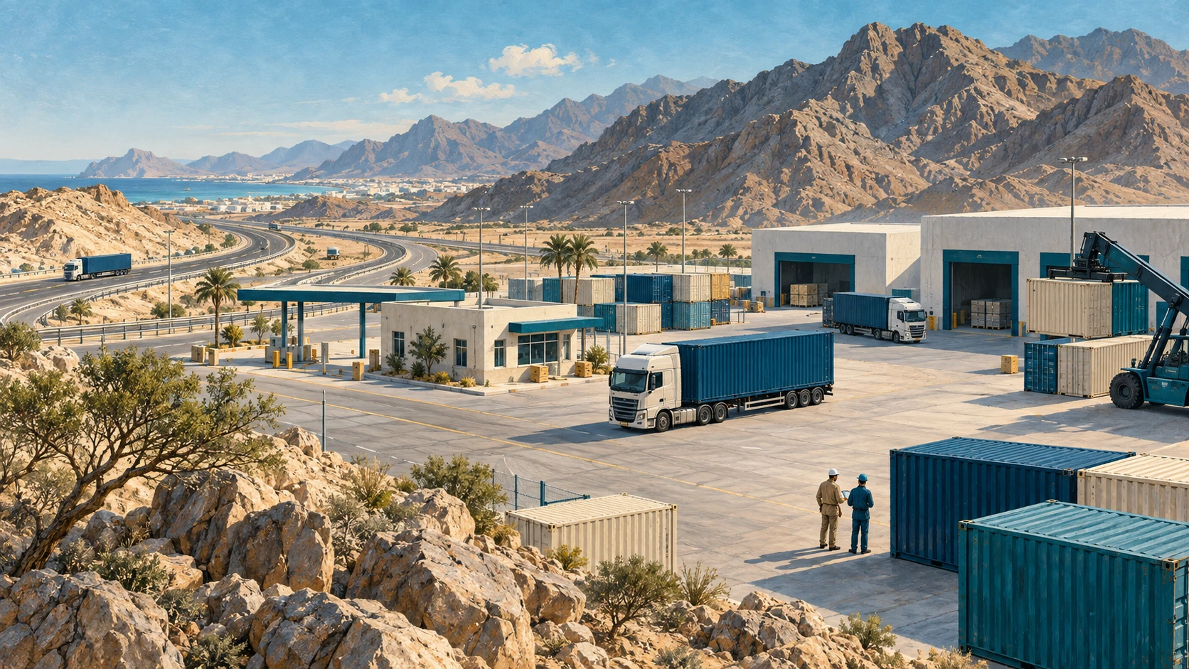 Commercial logistics staging area near an Omani highway at the foot of dry mountains with freight vehicles and storage.