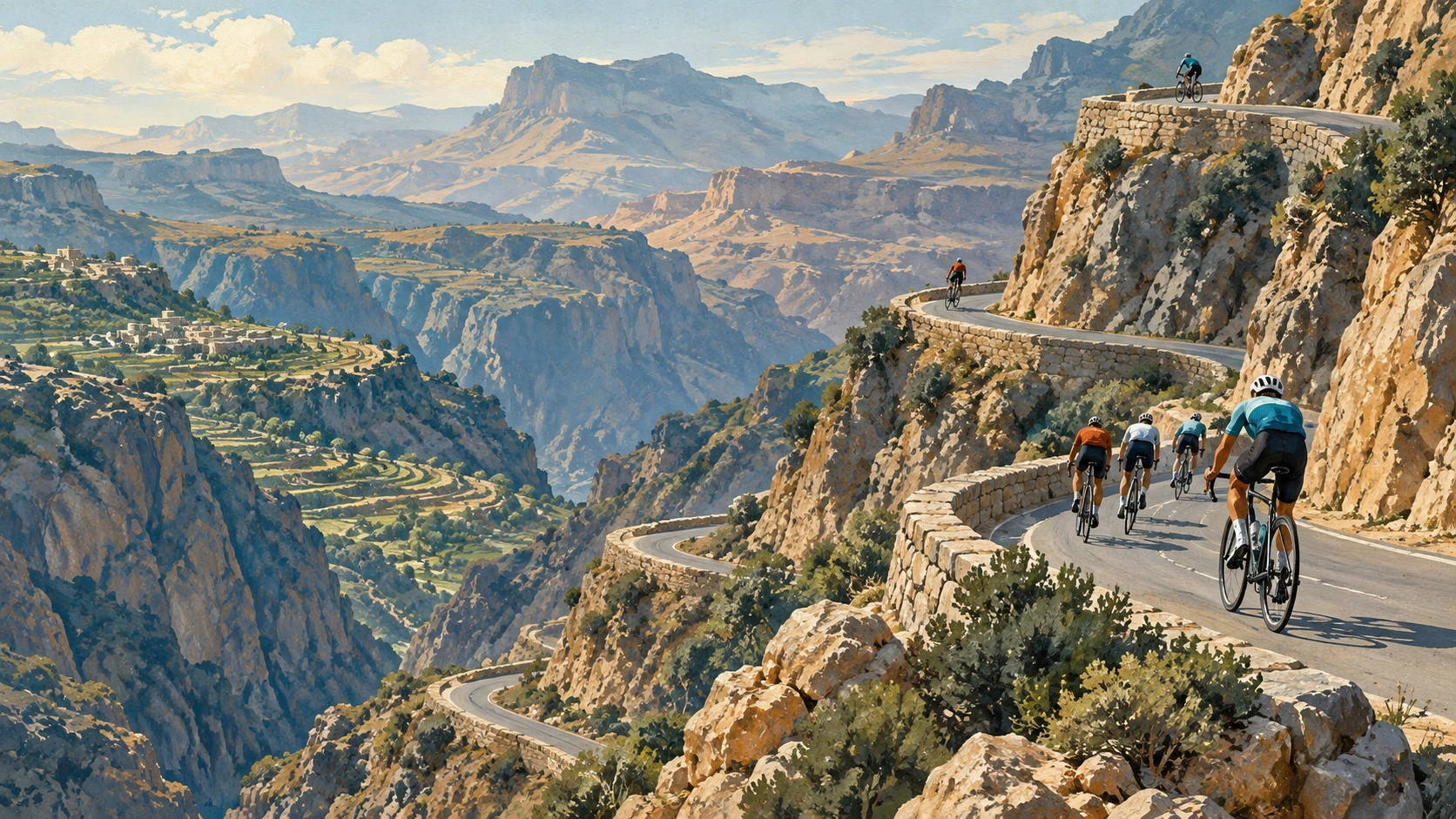 A wide dramatic mountain view of professional cyclists climbing the steep switchbacks of Jabal Akhdar in Oman cut into sheer limestone rock faces.