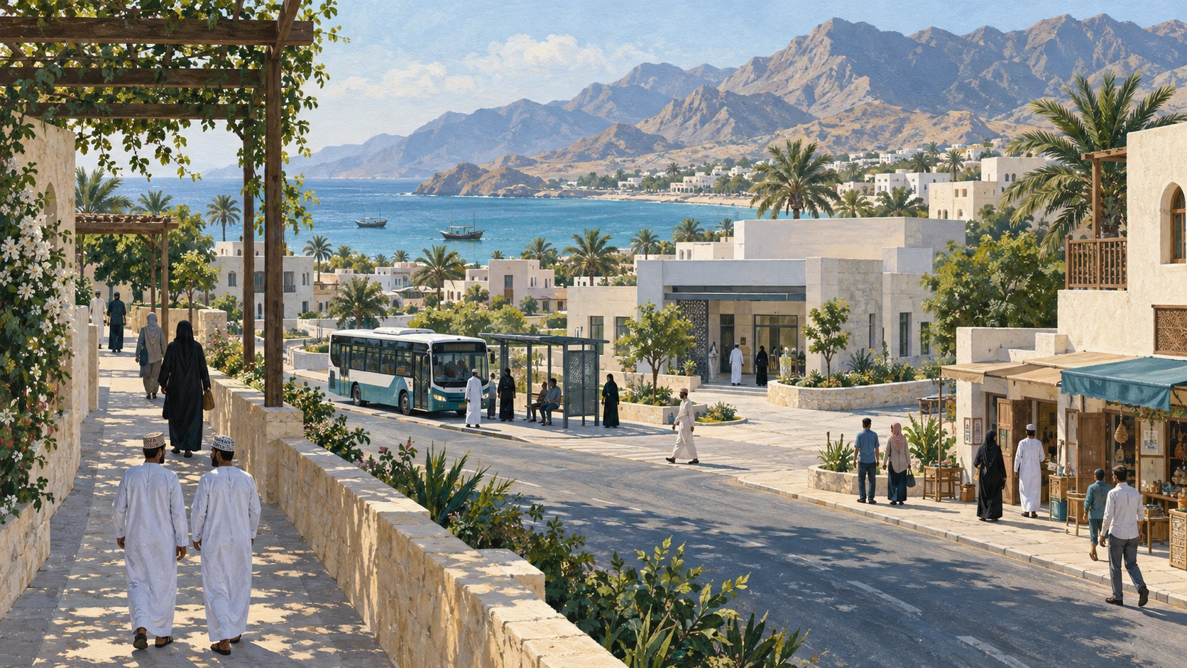 People walking through an Omani-inspired coastal town with a public bus and mountains beside the sea