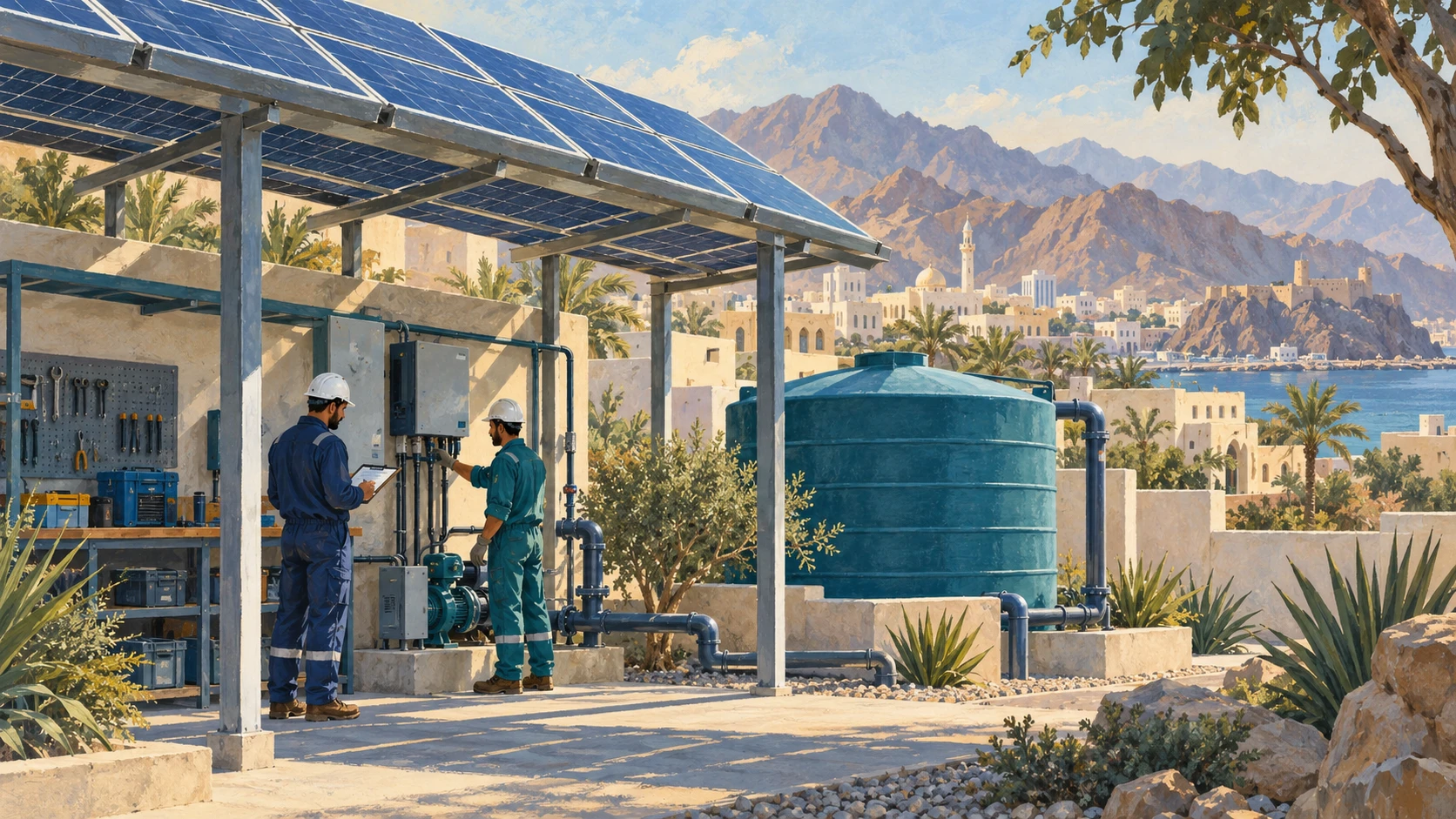 Two technicians beside solar panels, pumps, and a water storage tank at an Omani-inspired workplace.