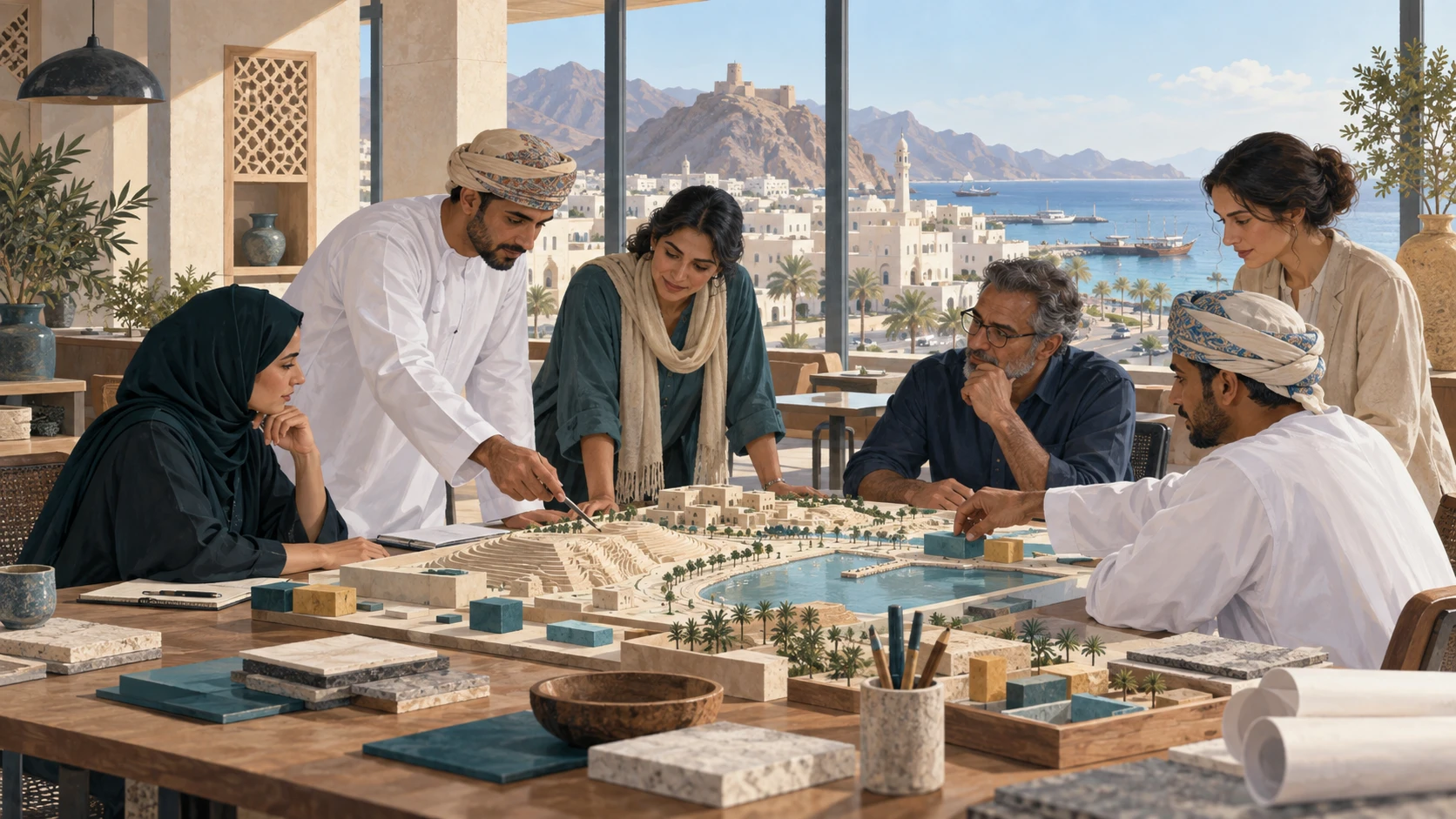 Six people comparing a miniature site model around a table in an Omani-inspired public workspace.