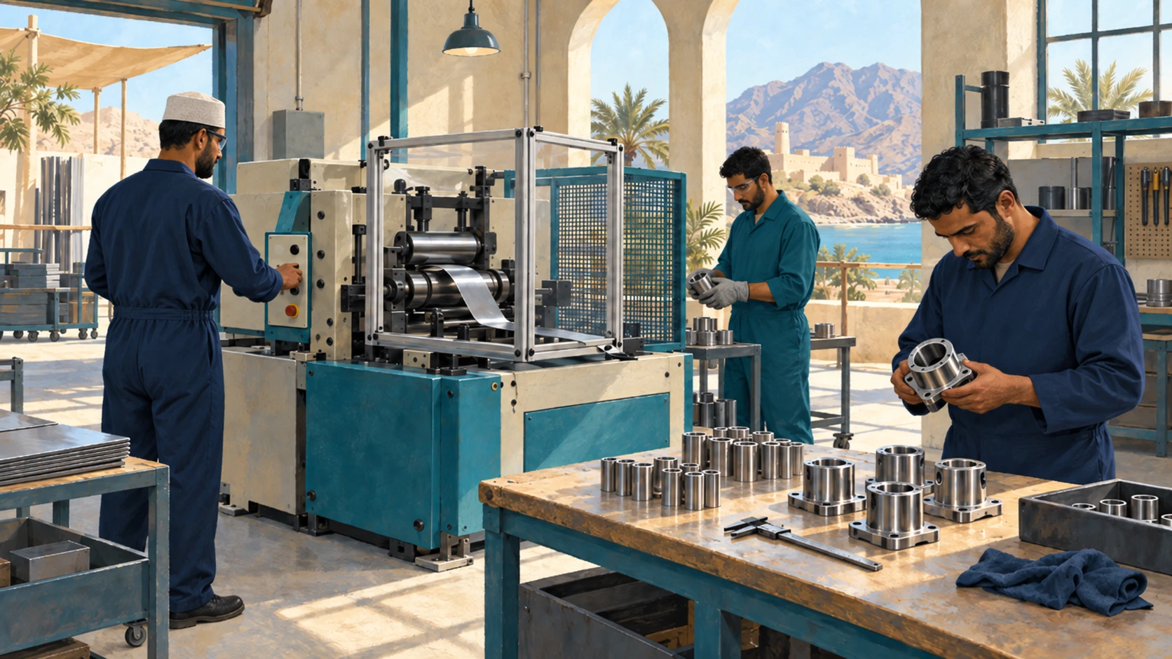 Three technicians operating equipment and inspecting metal components in a small manufacturing workshop.