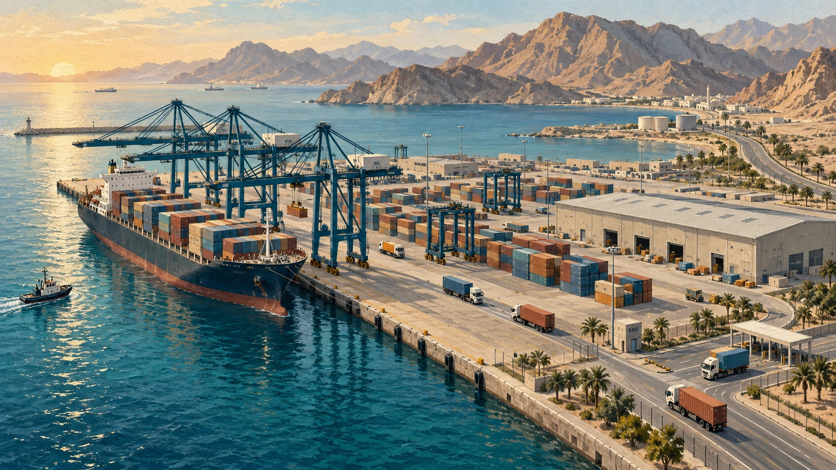 Cargo ship beside cranes, containers, warehouses, and truck routes in an Omani-inspired port.