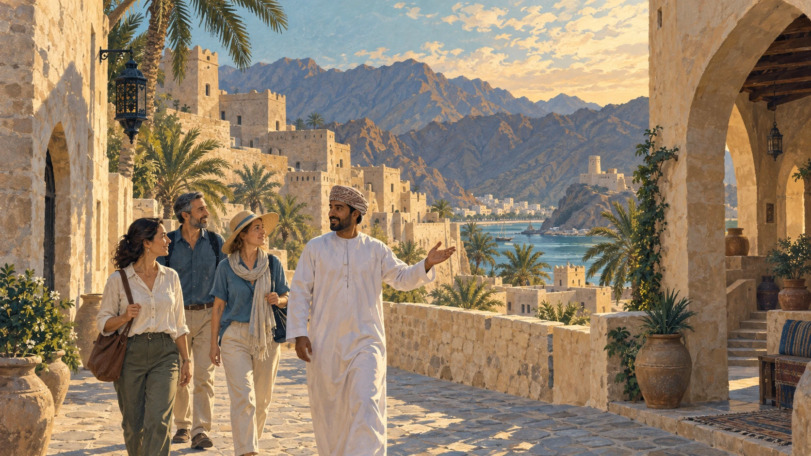A local guide walking with three visitors through an Omani-inspired historic quarter near the mountains and sea.