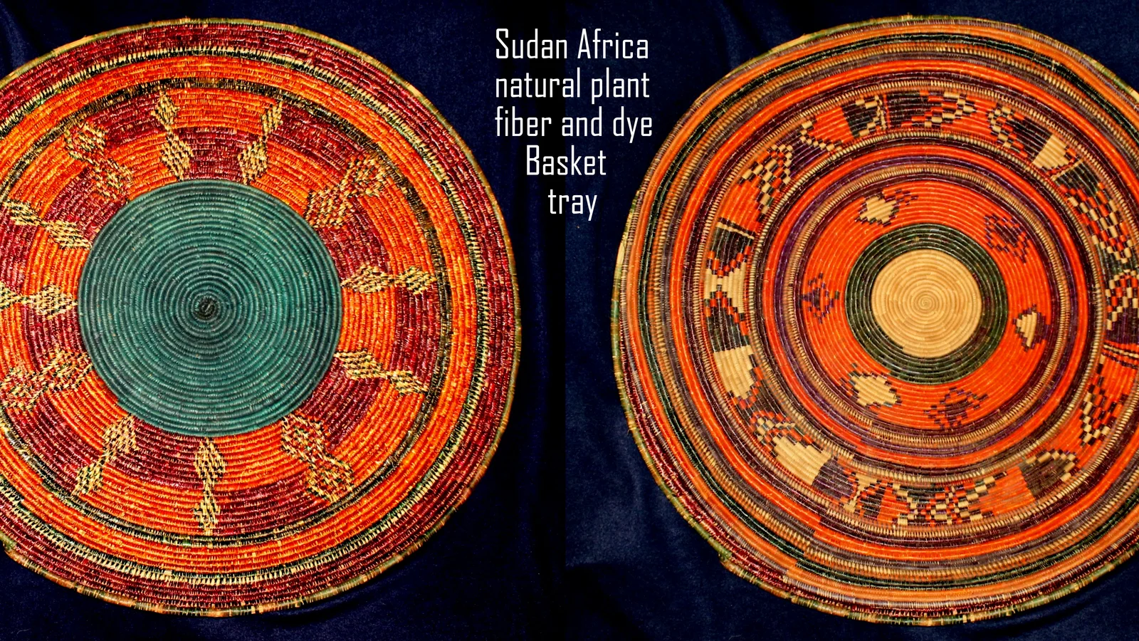 Intricately woven Sudanese circular tabaq basket-tray crafted from dyed natural palm fibers.