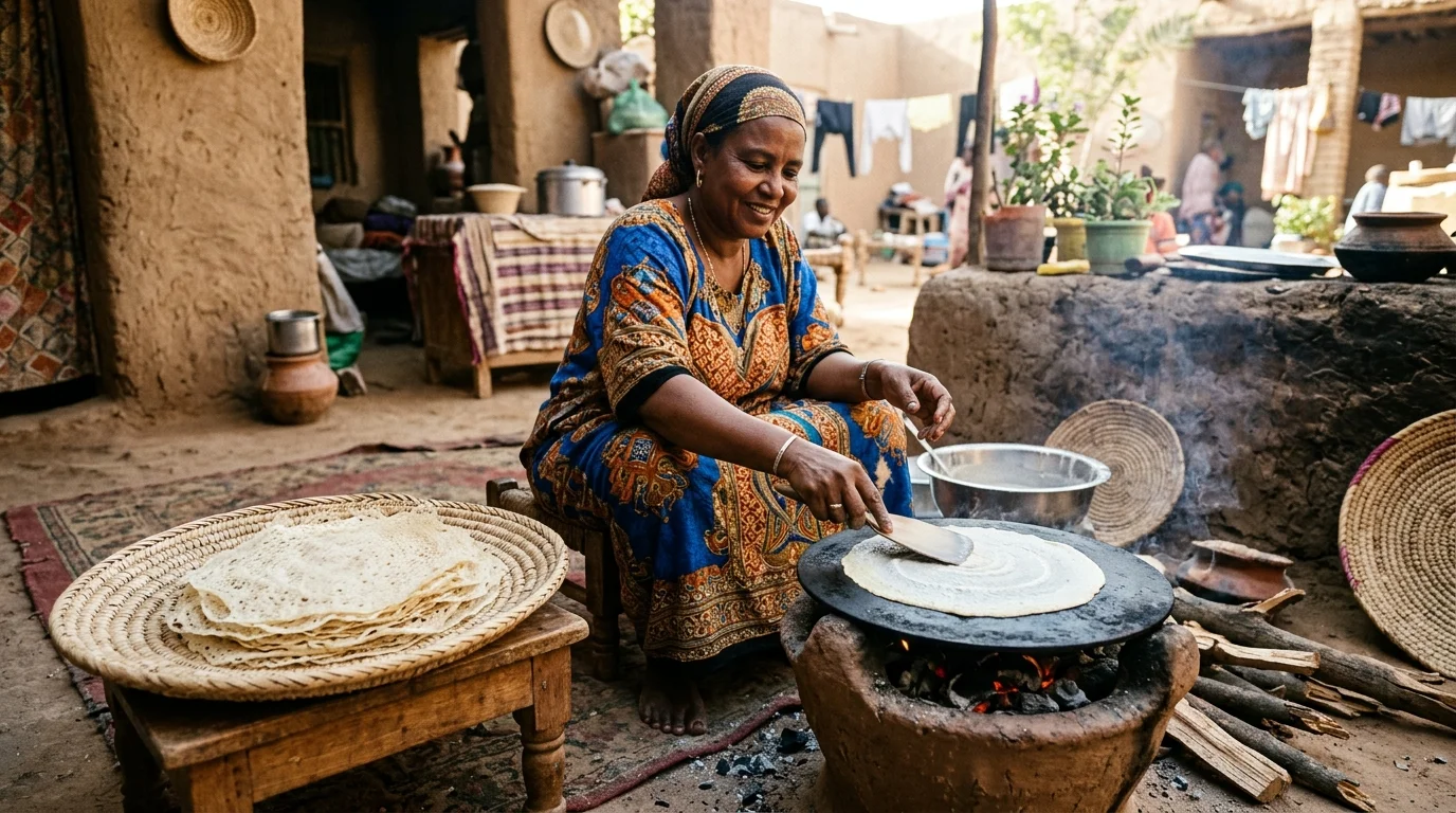 A Sudanese baker spreading fermented sorghum batter with a palm card across a hot iron griddle in a courtyard kitchen.