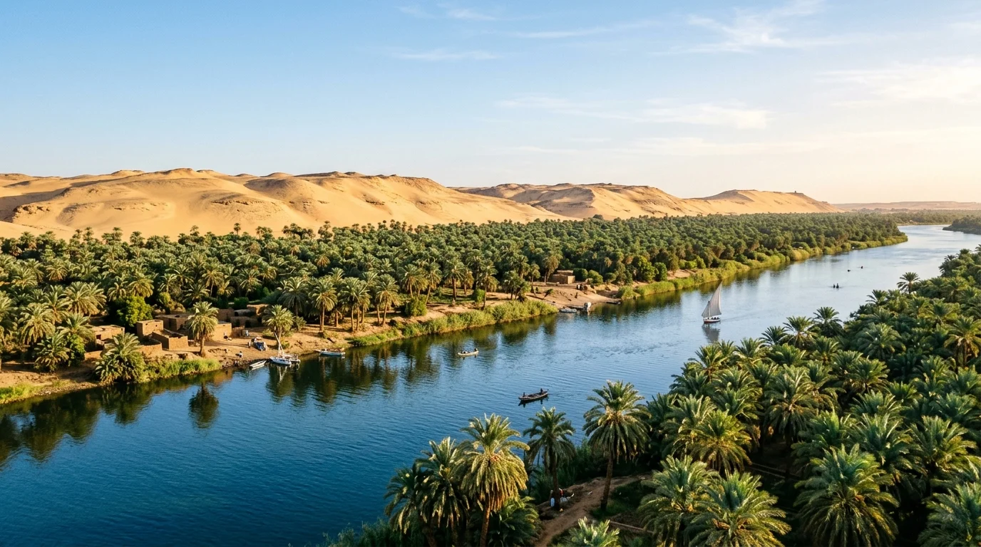 Dense date palm groves along the Nile River in Northern State, Sudan, with irrigation canals and desert dunes in the background.