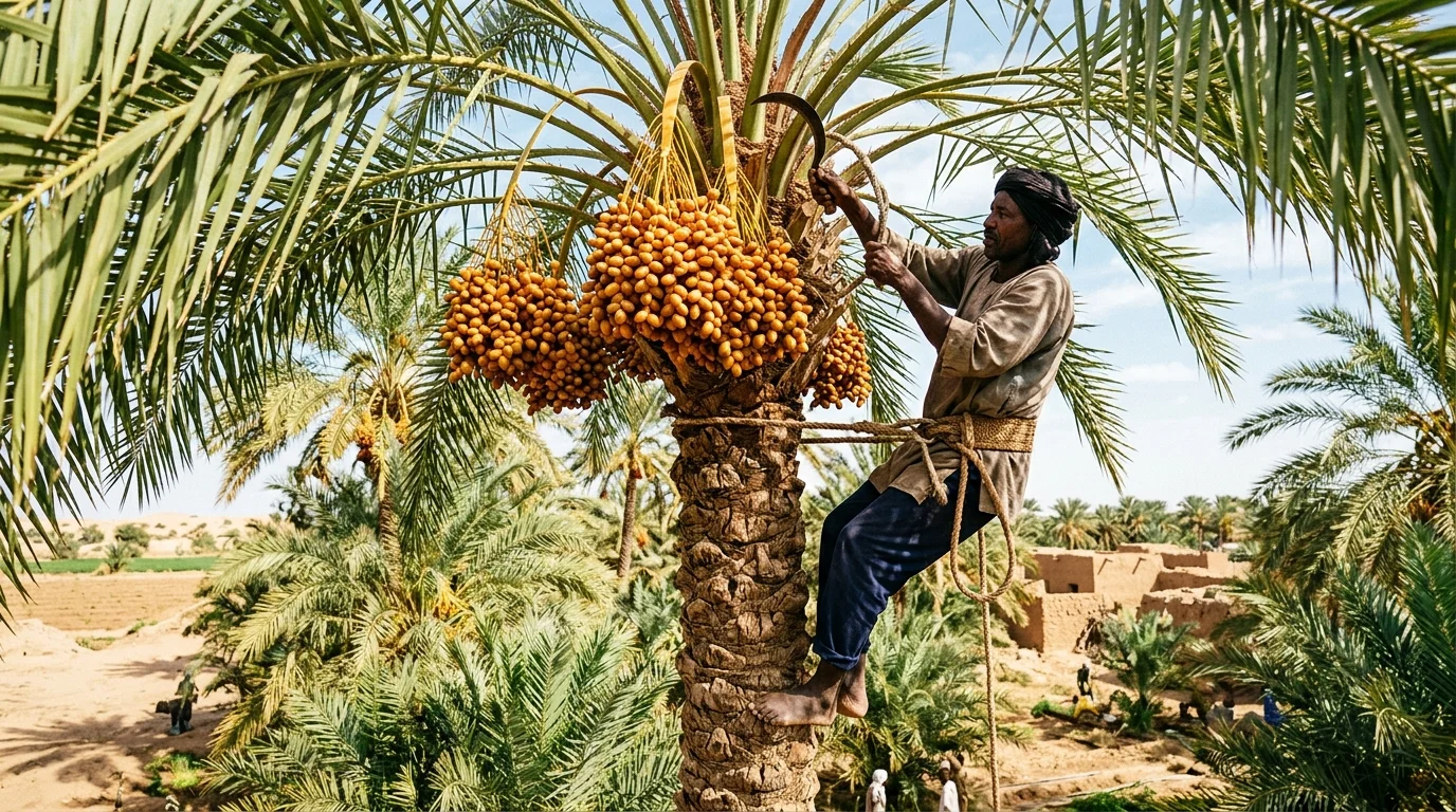 A Sudanese harvester climbing a tall date palm tree using a traditional woven climbing belt to cut ripe date bunches.