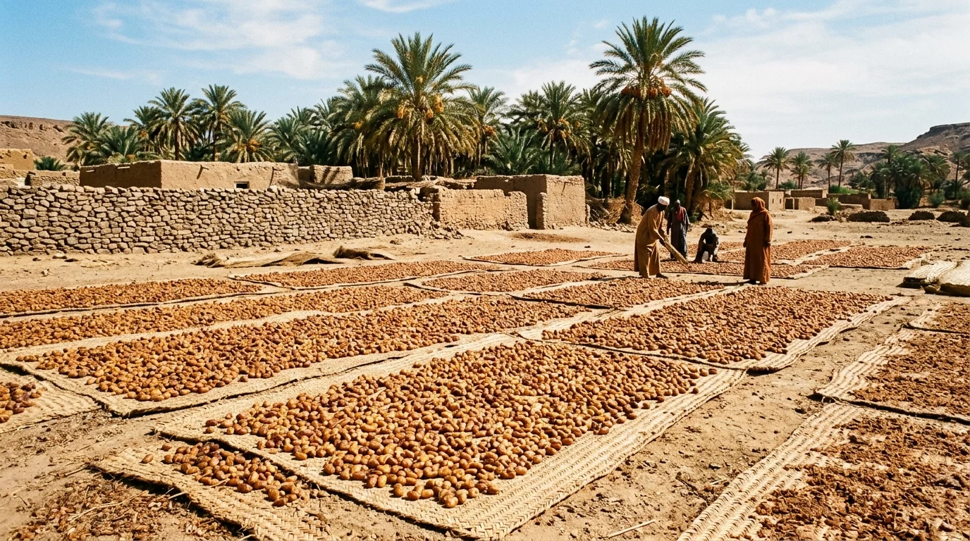 Harvested golden-brown Barakawi dates spread across traditional palm mats drying under the desert sun in Sudan.