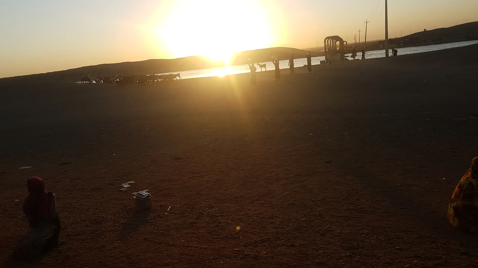 Row of yellow and blue plastic water jerrycans waiting for municipal distribution filling in Sudan.