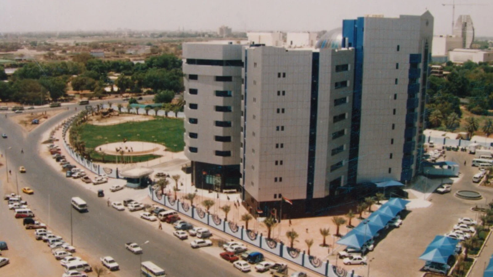 Exterior view of the Central Bank of Sudan building in Khartoum overlooking central financial streets.