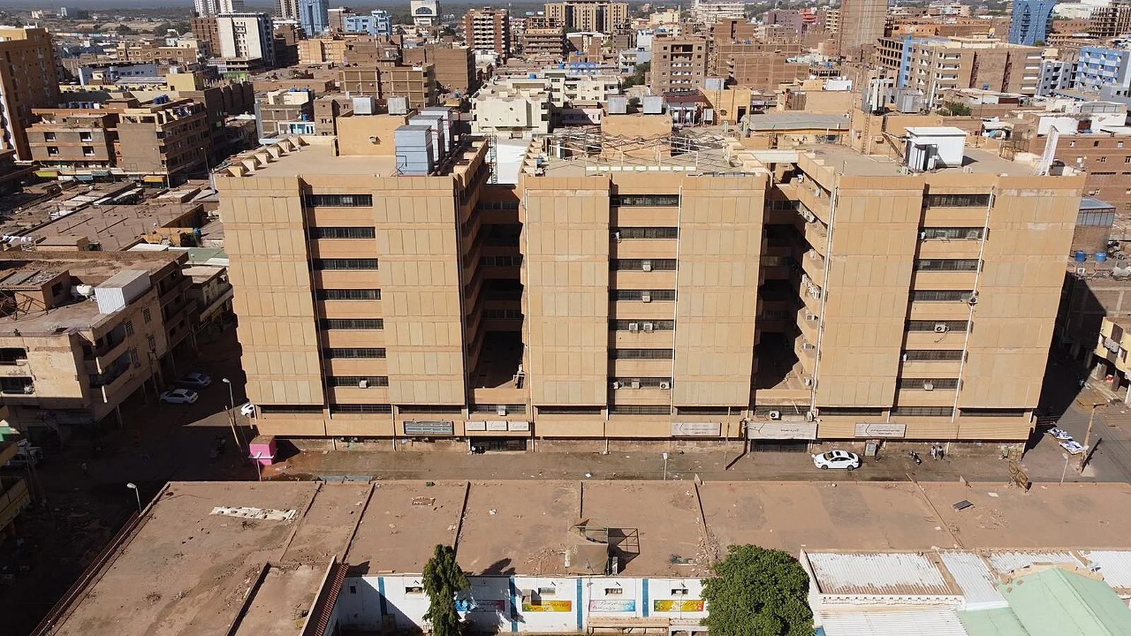 Architectural facade of the Bank of Khartoum headquarters representing commercial banking operations.