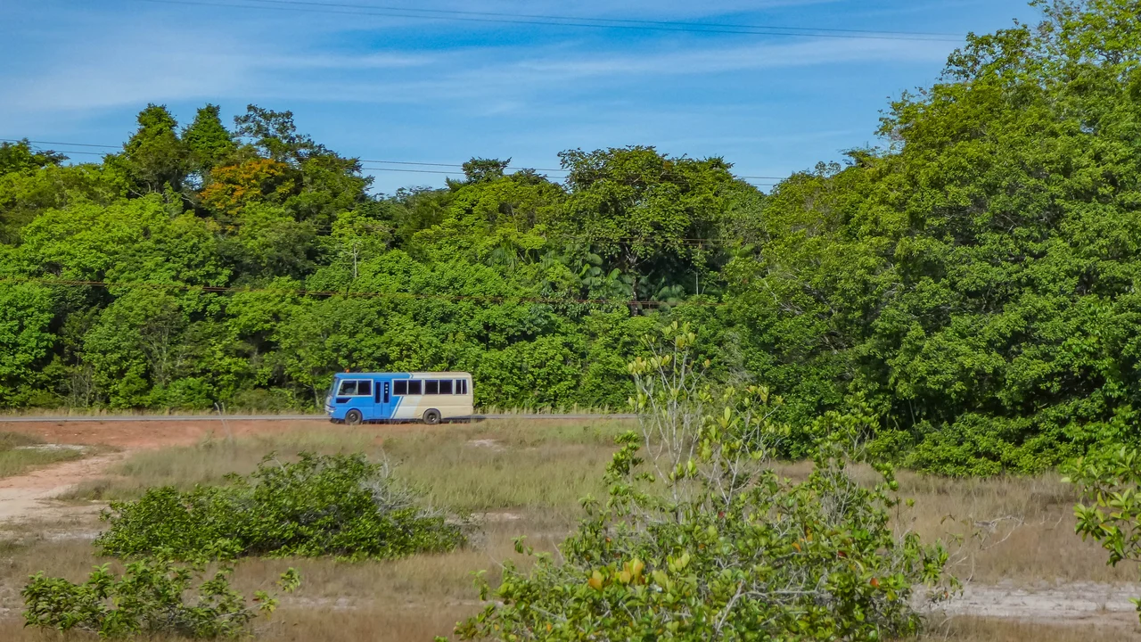 Passenger transit bus navigating suburban road corridors outside central Paramaribo.