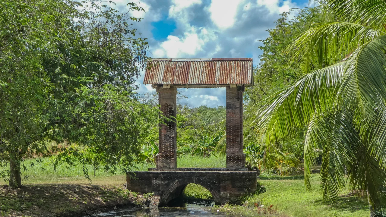 Timber and steel sluice gate lock mechanism discharging canal water into the river in Suriname.